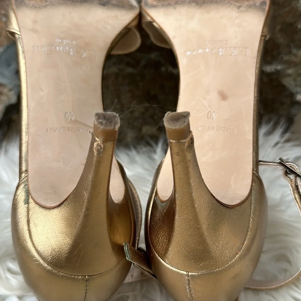 L.K. Bennett London Bronze Leather Open Toe Sandals Buckle Closure size 40